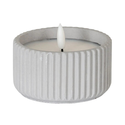 White Real Wax LED Candle In Light Grey Ribbed Concrete Pot With Realistic Flickering Flame – Battery Operated Flameless Decorative Light 5x5x5cm | Click Style