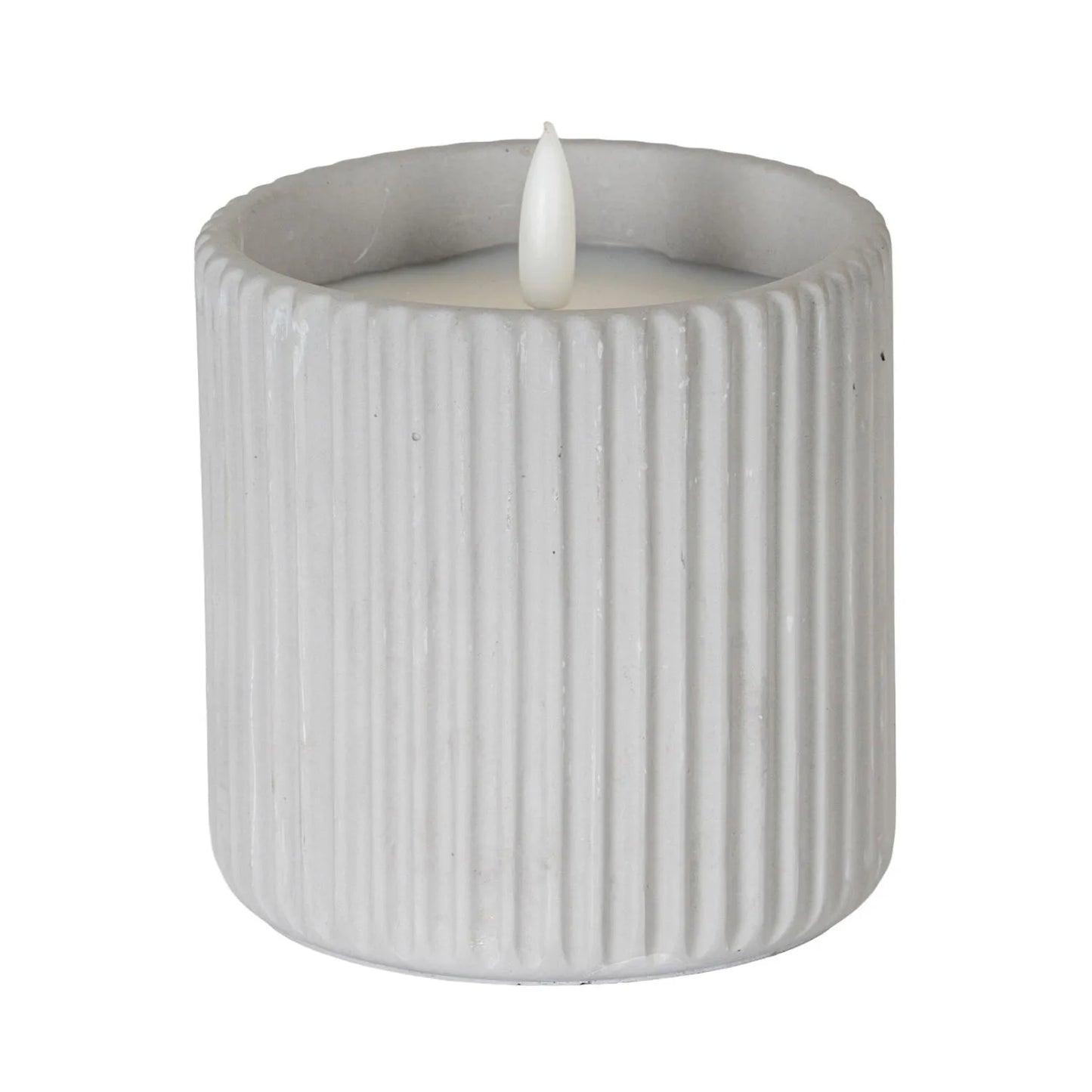 White Real Wax LED Candle in Light Grey Ribbed Concrete Pot with Realistic Flickering Flame – Battery Operated Flameless Decorative Light 9x9x9cm | Click Style