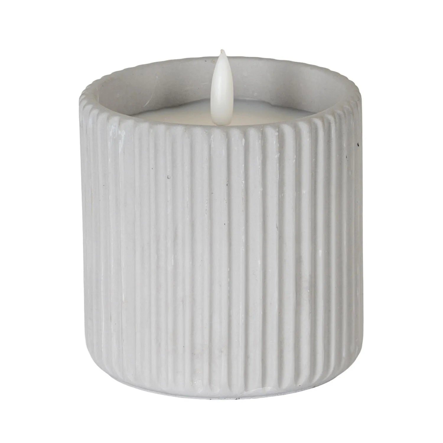 White Real Wax LED Candle in Light Grey Ribbed Concrete Pot with Realistic Flickering Flame – Battery Operated Flameless Decorative Light 9x9x9cm | Click Style