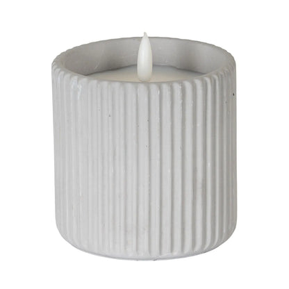White Real Wax LED Candle in Light Grey Ribbed Concrete Pot with Realistic Flickering Flame – Battery Operated Flameless Decorative Light 9x9x9cm | Click Style