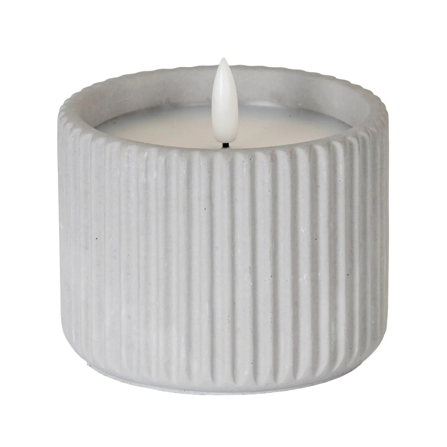 White Real Wax LED Candle in Light Grey Ribbed Concrete Pot with Realistic Flickering Flame – Battery Operated Flameless Decorative Light 8x8x8cm | Click Style