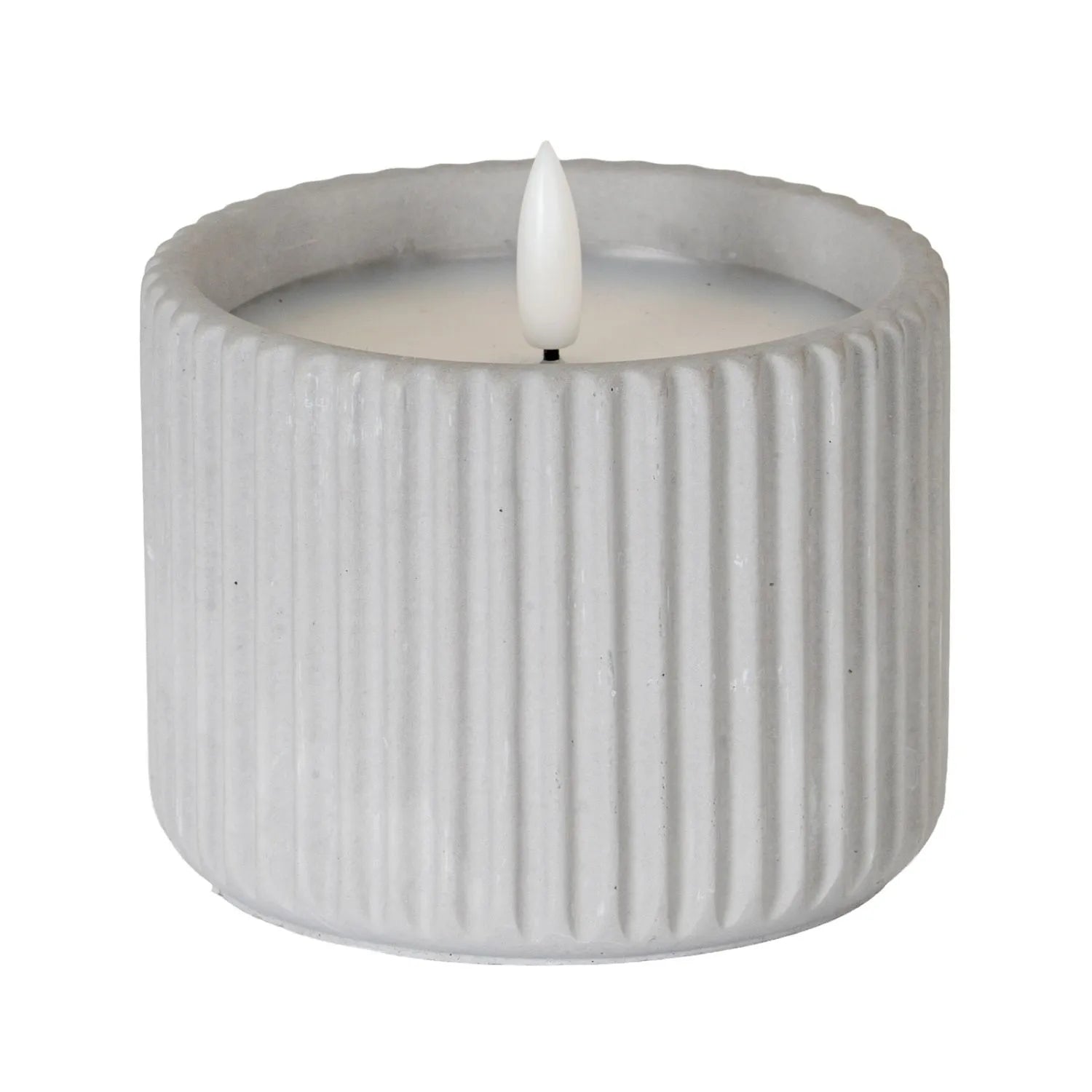 White Real Wax LED Candle in Light Grey Ribbed Concrete Pot with Realistic Flickering Flame – Battery Operated Flameless Decorative Light 8x8x8cm | Click Style