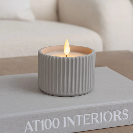 White Real Wax LED Candle in Light Grey Ribbed Concrete Pot with Realistic Flickering Flame – Battery Operated Flameless Decorative Light 8x8x8cm | Click Style