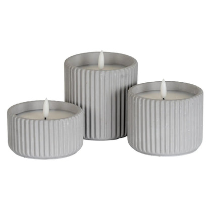 White Real Wax LED Candle In Light Grey Ribbed Concrete Pot With Realistic Flickering Flame – Battery Operated Flameless Decorative Light 5x5x5cm | Click Style