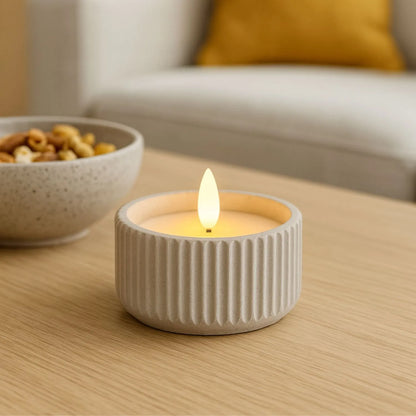 White Real Wax LED Candle In Light Grey Ribbed Concrete Pot With Realistic Flickering Flame – Battery Operated Flameless Decorative Light 5x5x5cm | Click Style