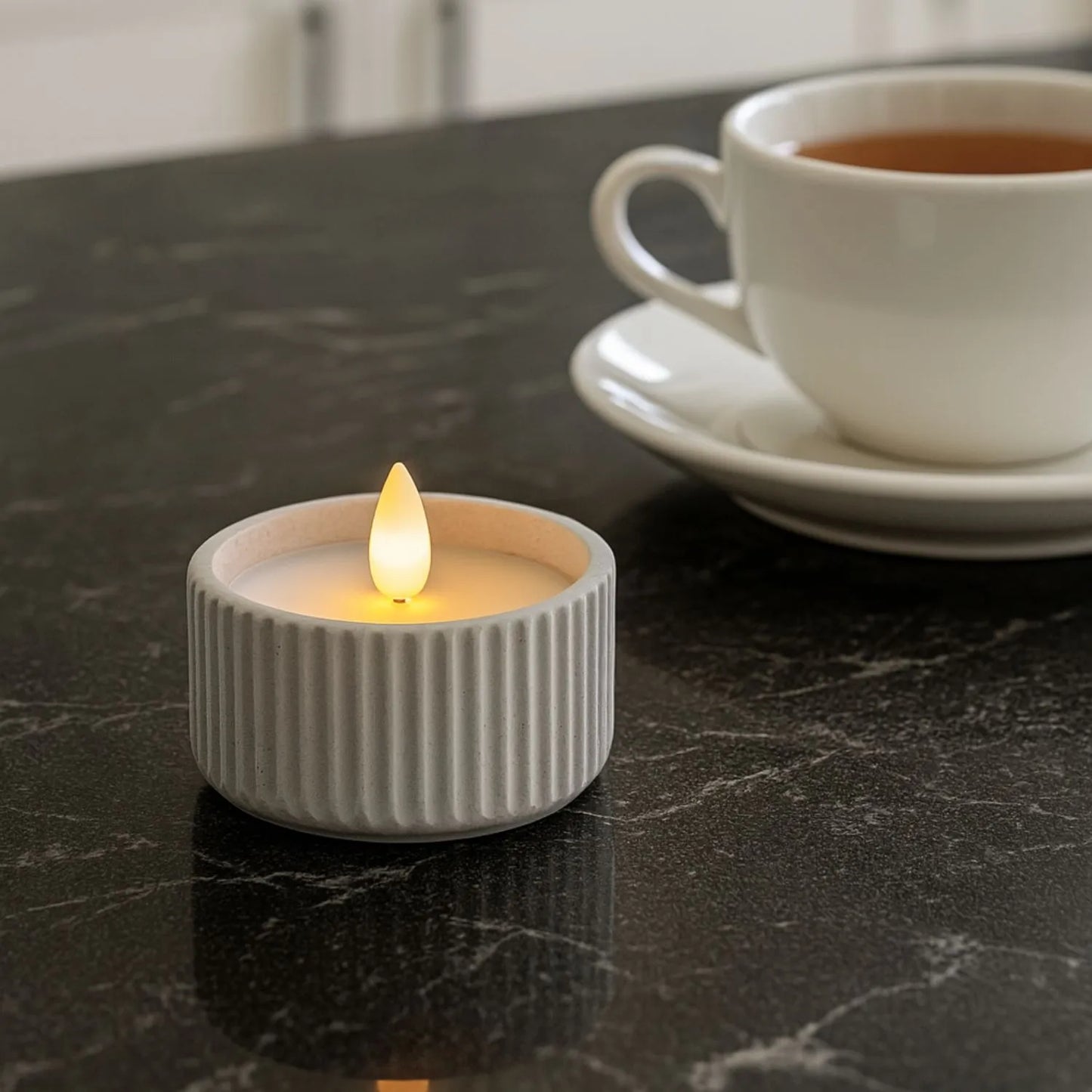 White Real Wax LED Candle In Light Grey Ribbed Concrete Pot With Realistic Flickering Flame – Battery Operated Flameless Decorative Light 5x5x5cm | Click Style