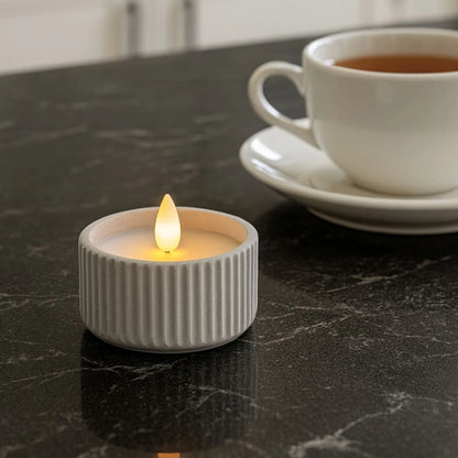 White Real Wax LED Candle In Light Grey Ribbed Concrete Pot With Realistic Flickering Flame – Battery Operated Flameless Decorative Light 5x5x5cm | Click Style