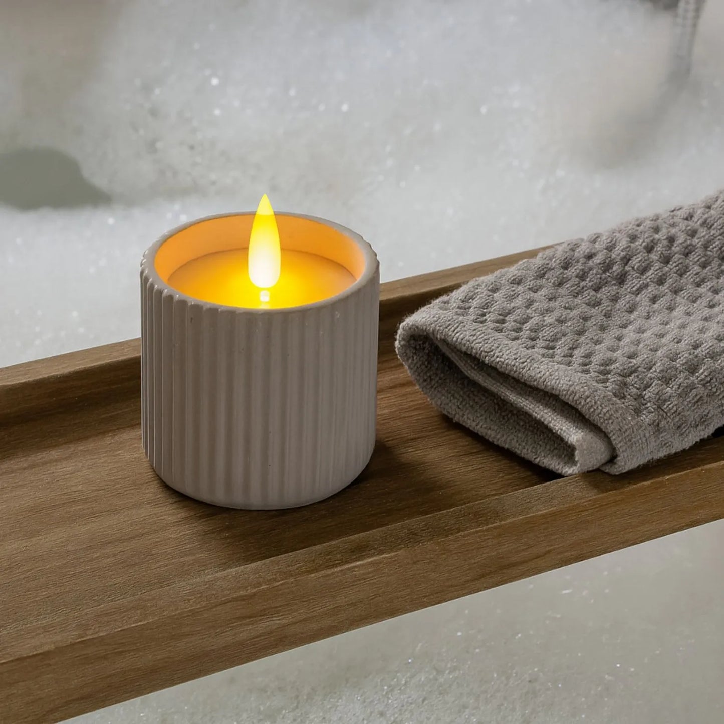 White Real Wax LED Candle in Light Grey Ribbed Concrete Pot with Realistic Flickering Flame – Battery Operated Flameless Decorative Light 9x9x9cm | Click Style