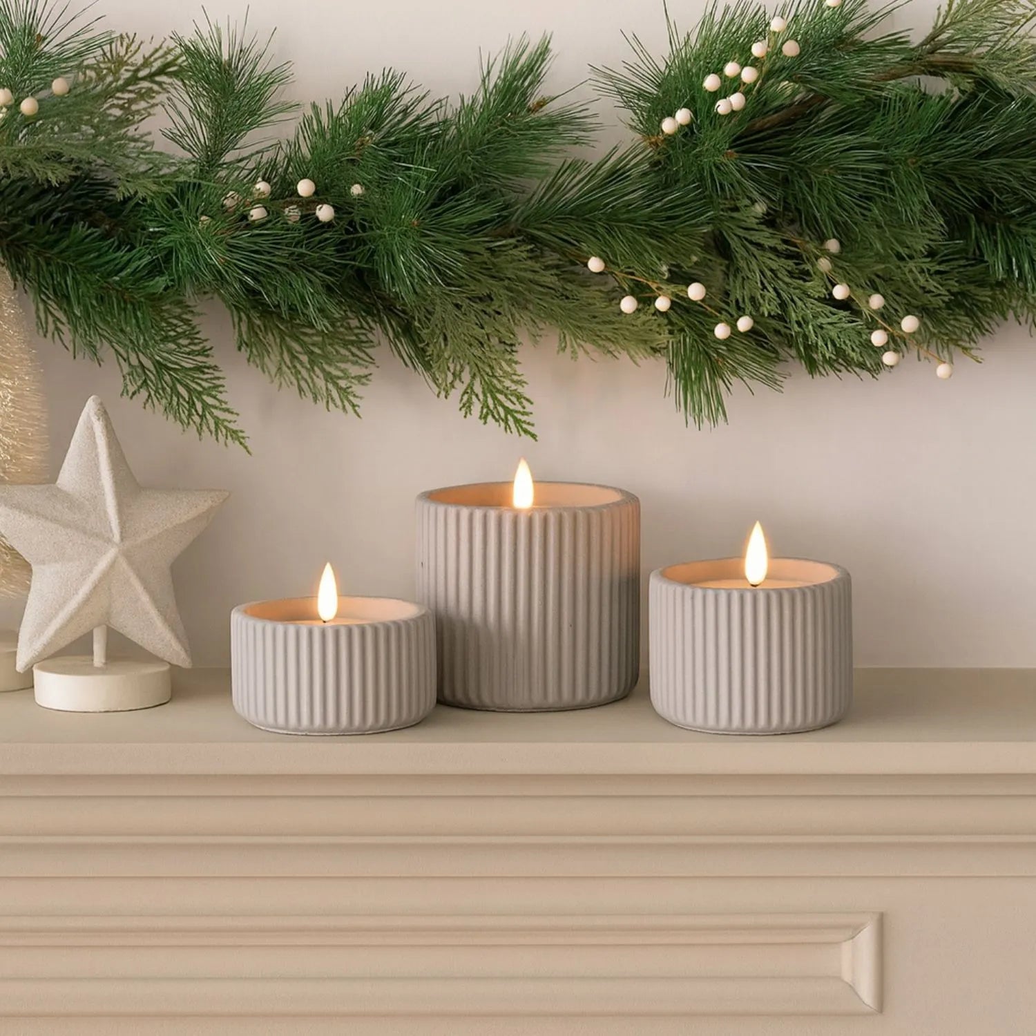 White Real Wax LED Candle In Light Grey Ribbed Concrete Pot With Realistic Flickering Flame – Battery Operated Flameless Decorative Light 5x5x5cm | Click Style