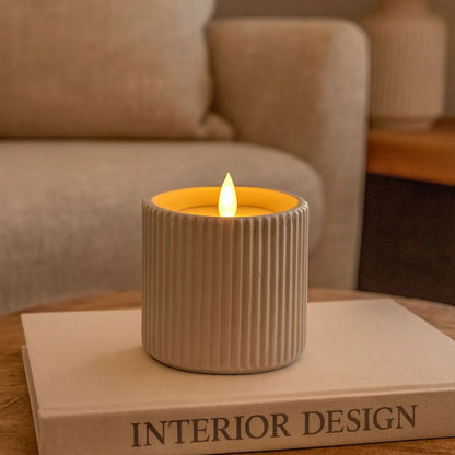 White Real Wax LED Candle in Light Grey Ribbed Concrete Pot with Realistic Flickering Flame – Battery Operated Flameless Decorative Light 9x9x9cm | Click Style