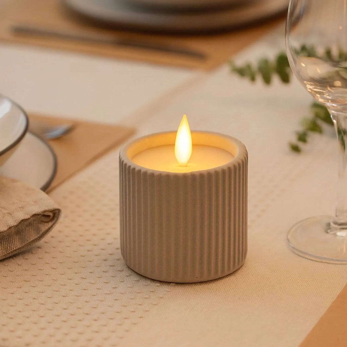 White Real Wax LED Candle in Light Grey Ribbed Concrete Pot with Realistic Flickering Flame – Battery Operated Flameless Decorative Light 9x9x9cm | Click Style