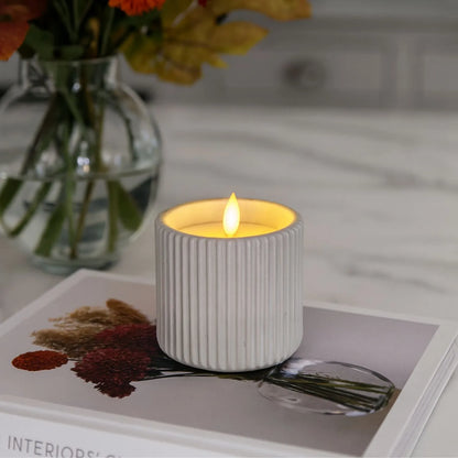 White Real Wax LED Candle in Light Grey Ribbed Concrete Pot with Realistic Flickering Flame – Battery Operated Flameless Decorative Light 9x9x9cm | Click Style