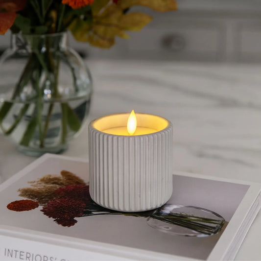 White Real Wax LED Candle in Light Grey Ribbed Concrete Pot with Realistic Flickering Flame – Battery Operated Flameless Decorative Light 9x9x9cm | Click Style