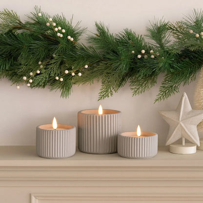 White Real Wax LED Candle in Light Grey Ribbed Concrete Pot with Realistic Flickering Flame – Battery Operated Flameless Decorative Light 8x8x8cm | Click Style