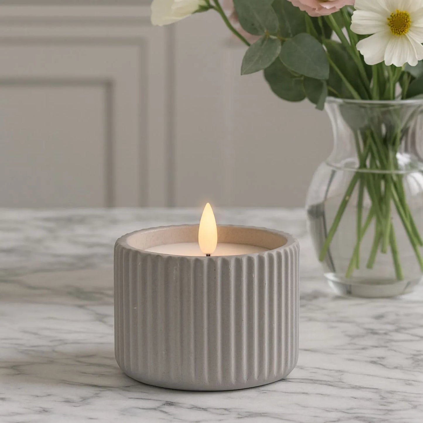 White Real Wax LED Candle in Light Grey Ribbed Concrete Pot with Realistic Flickering Flame – Battery Operated Flameless Decorative Light 8x8x8cm | Click Style