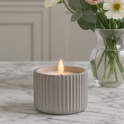 White Real Wax LED Candle in Light Grey Ribbed Concrete Pot with Realistic Flickering Flame – Battery Operated Flameless Decorative Light 8x8x8cm | Click Style