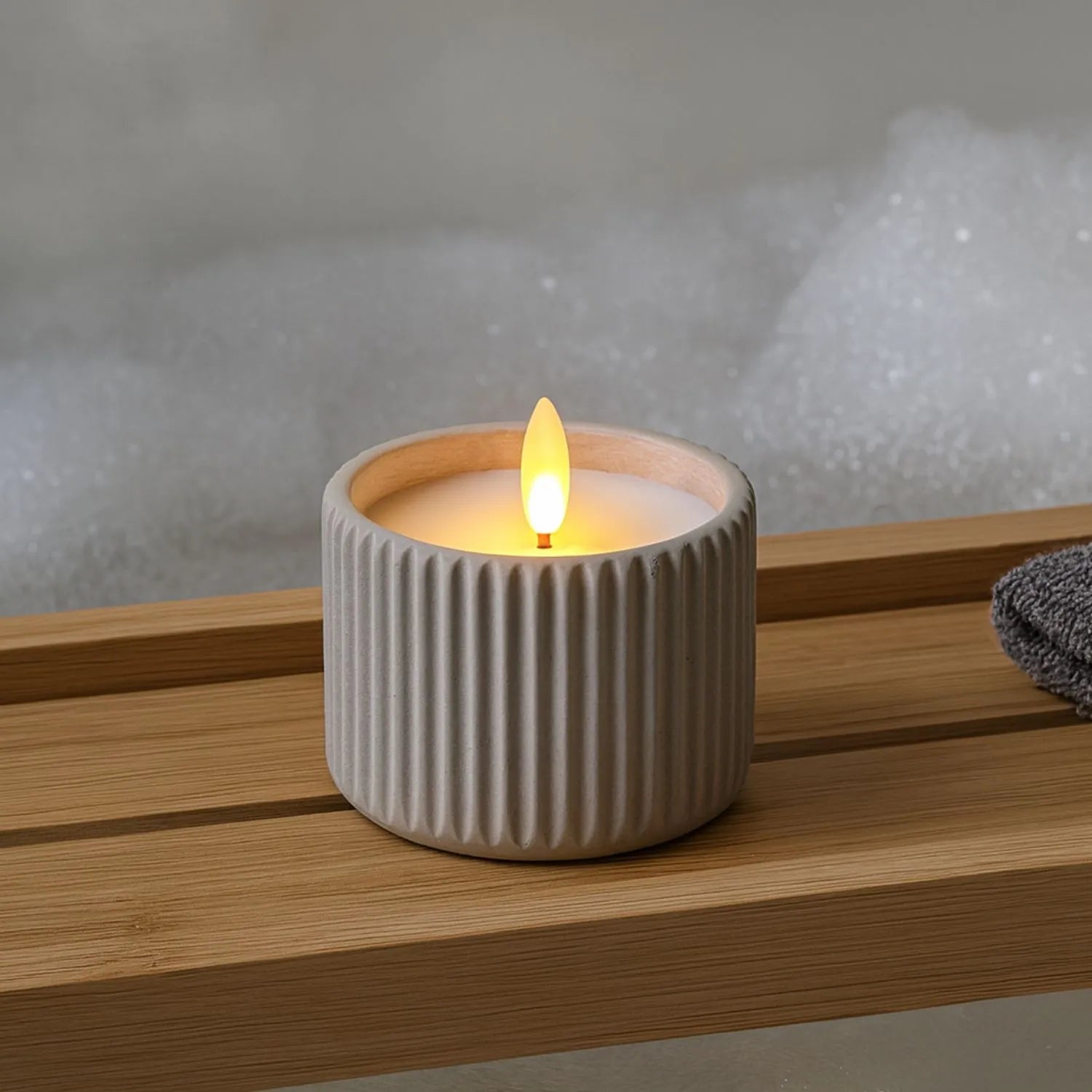 White Real Wax LED Candle in Light Grey Ribbed Concrete Pot with Realistic Flickering Flame – Battery Operated Flameless Decorative Light 8x8x8cm | Click Style