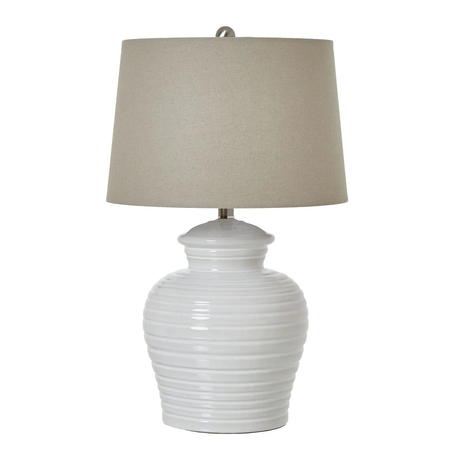 White Ribbed Ceramic Urn Table Lamp with Linen Tapered Shade – Neutral Coastal Classic Lighting 62x38cm - Click Style