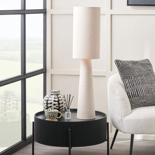 White Slubby Handloom Fabric Table Lamp with Tapered Column Base & Textured Tall Drum Shade 92x22x22cm | Click Style