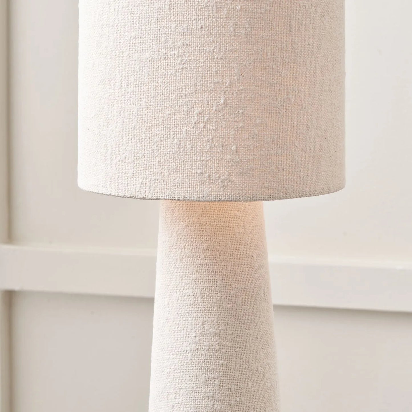 White Slubby Handloom Fabric Table Lamp with Tapered Column Base & Textured Tall Drum Shade 92x22x22cm | Click Style
