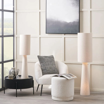 White Slubby Handloom Fabric Table Lamp with Tapered Column Base & Textured Tall Drum Shade 92x22x22cm | Click Style