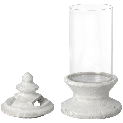 White Stone Hurricane Candle Holder with Lid – Decorative Glass Lantern for Pillar Candles 33x14cm - Click Style