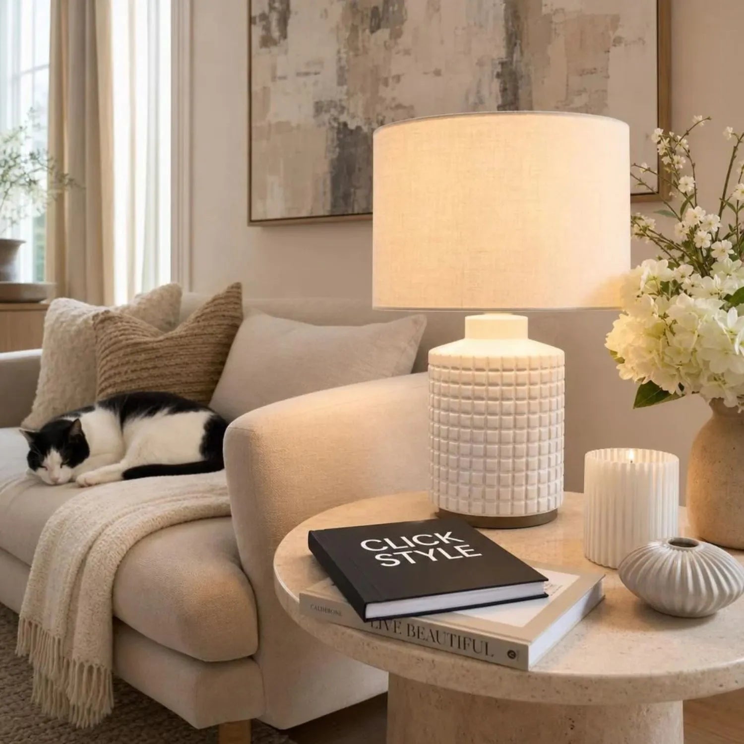 Modern White Textured Squares Ceramic Table Lamp Base with Raised Grid Pattern, Glossy White Glazed Finish and Textured Ceramic Surface | Click Style