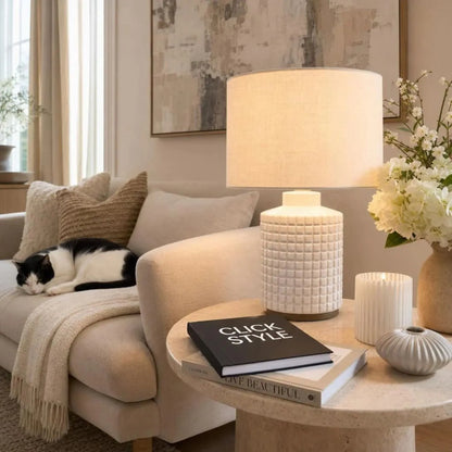 Modern White Textured Squares Ceramic Table Lamp Base with Raised Grid Pattern, Glossy White Glazed Finish and Textured Ceramic Surface | Click Style