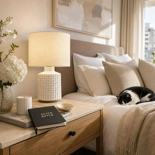 Modern White Textured Squares Ceramic Table Lamp Base with Raised Grid Pattern, Glossy White Glazed Finish and Textured Ceramic Surface | Click Style