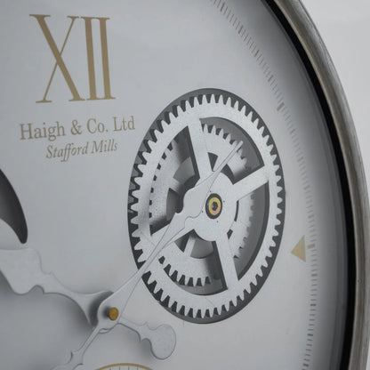 White & Silver Round Wall Clock with Champagne Gold Baton Markers Silver Hands & Moving Cog Design 50x9.5cm - Click Style