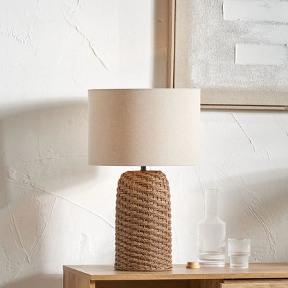 Woven Seagrass Table Lamp with Cream Linen Drum Lampshade – Natural Coastal-Inspired Tabletop Lighting 55x34cm - Click Style