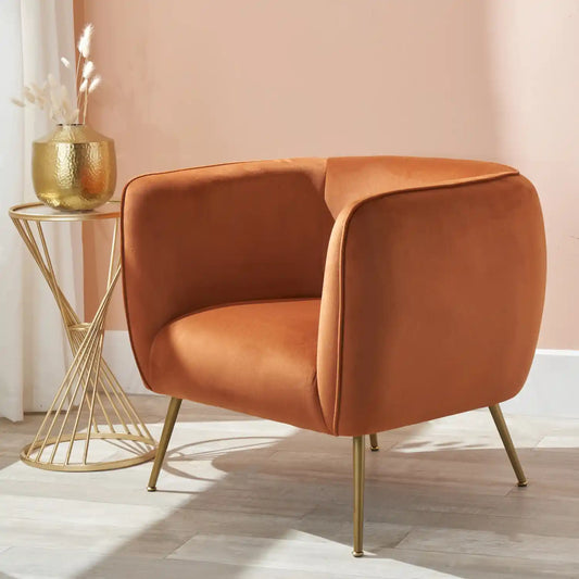 Aalya Orange Brown Velvet Armchair with Gold/Black Metal Legs – Click Style