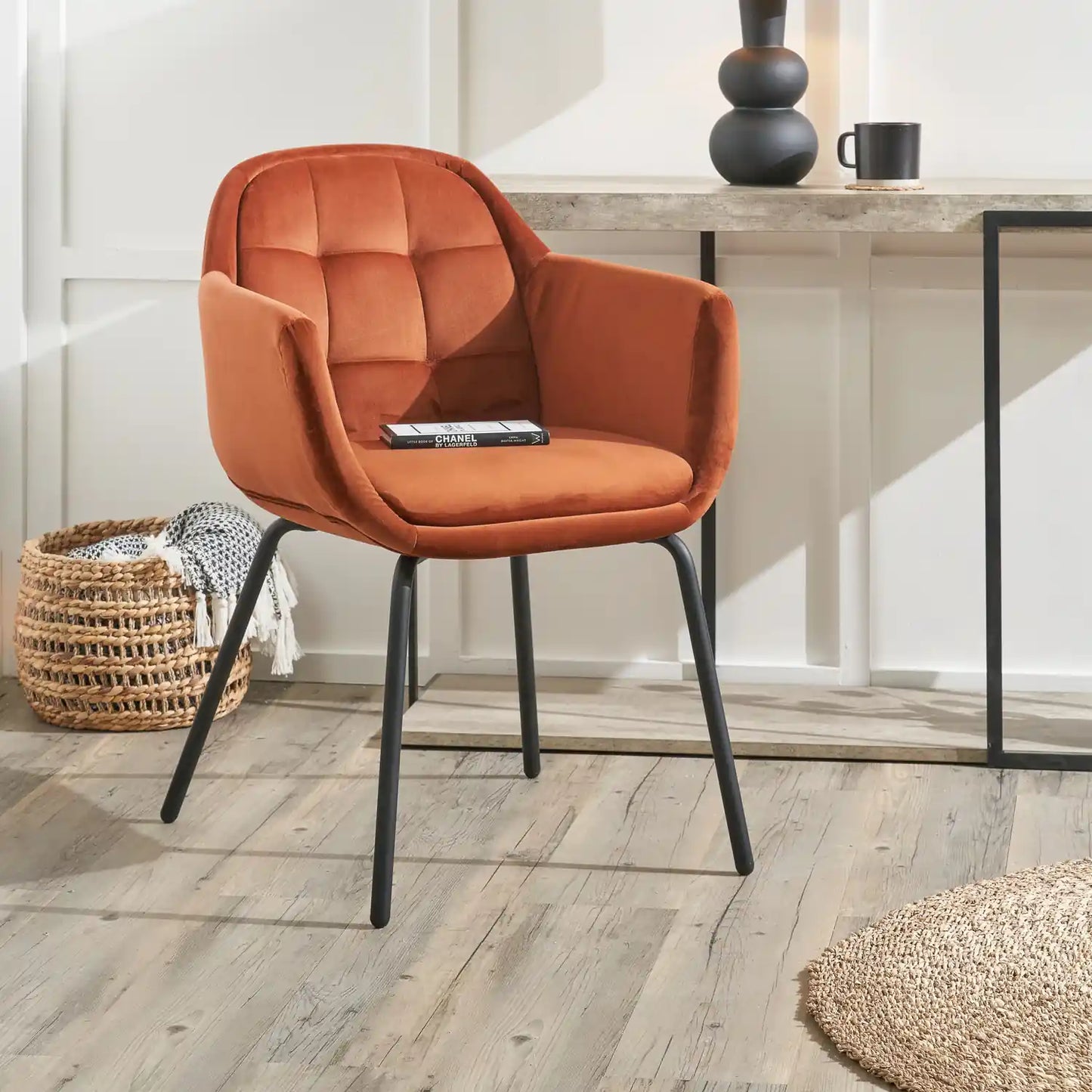 Amas Burnt Orange Velvet Carver Dining Chair with Black Metal Legs – Click Style