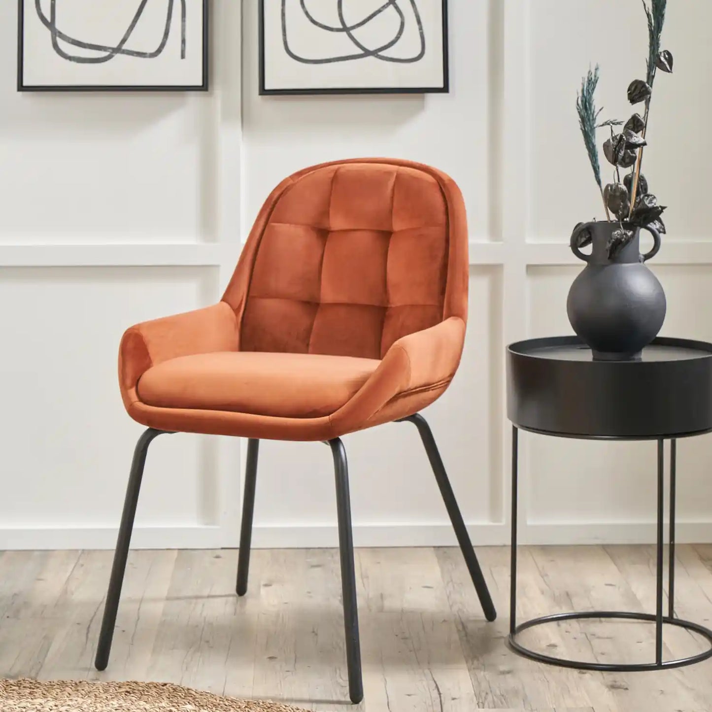 Amas Burnt Orange Velvet Dining Chair with Black Metal Legs – Click Style