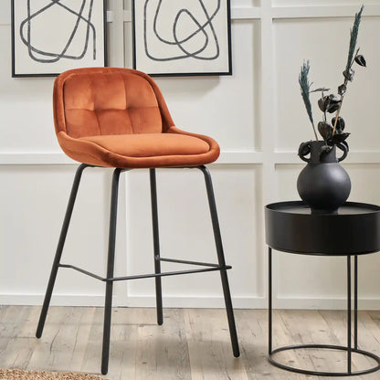 Amas Burnt Orange Velvet Low Back Bar Stool with Black Metal Legs – Click Style