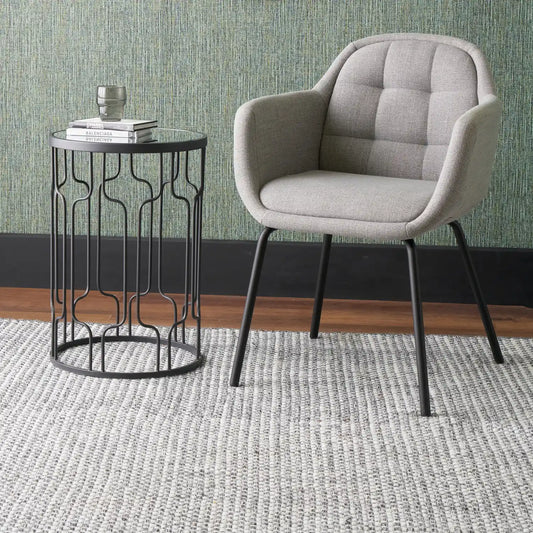 Amas Grey Linen Mix Fabric Carver Dining Chair with Black Metal Legs – Click Style