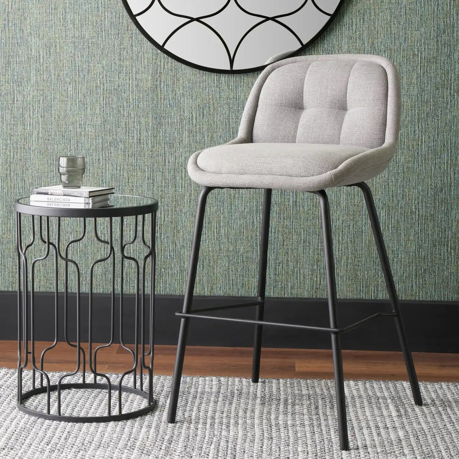 Amas Grey Linen Mix Fabric Low Back Bar Stool with Black Metal Legs – Click Style