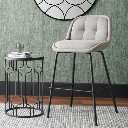 Amas Grey Linen Mix Fabric Low Back Bar Stool with Black Metal Legs – Click Style