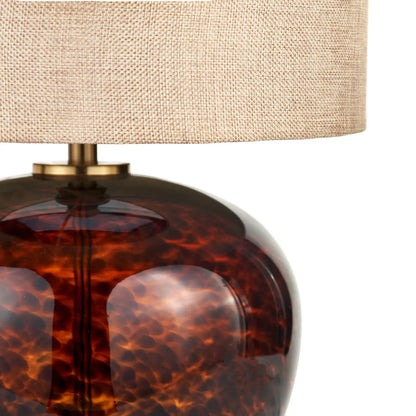 Amber & Brown Tortoiseshell Glass Table Lamp with Natural Linen Shade 44x44x30cm – Click Style