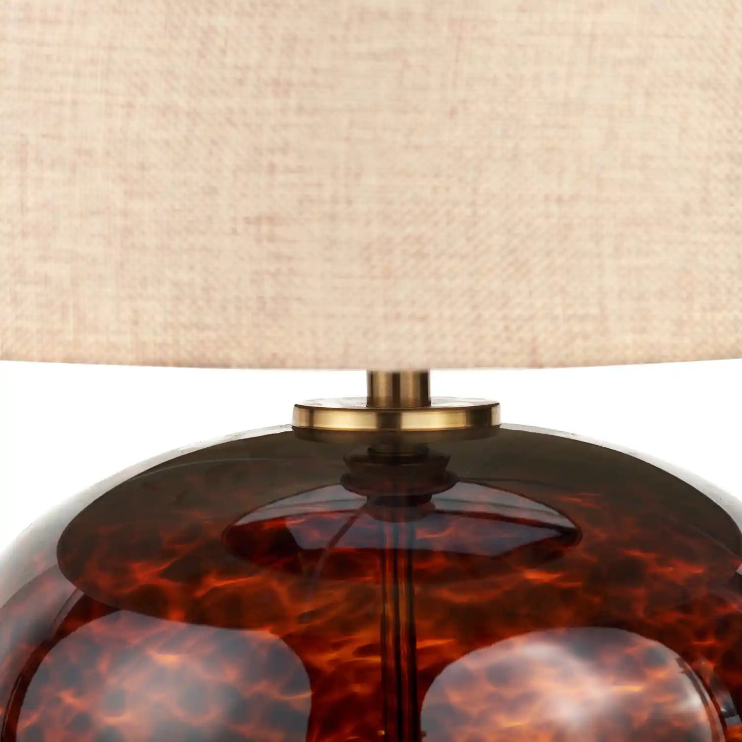 Amber & Brown Tortoiseshell Glass Table Lamp with Natural Linen Shade 44x44x30cm – Click Style