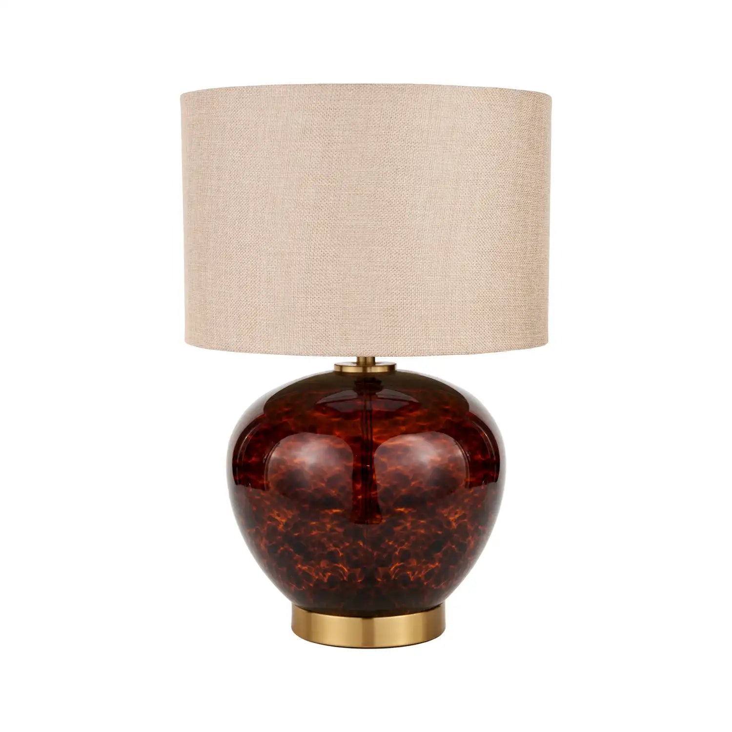 Amber & Brown Tortoiseshell Glass Table Lamp with Natural Linen Shade 44x44x30cm – Click Style