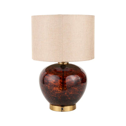 Amber & Brown Tortoiseshell Glass Table Lamp with Natural Linen Shade 44x44x30cm – Click Style