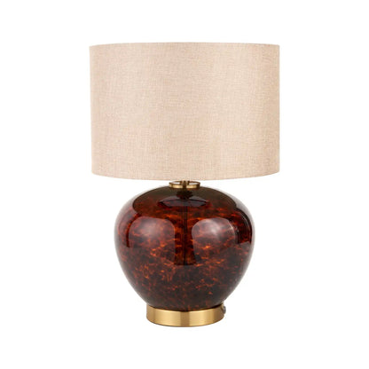 Amber & Brown Tortoiseshell Glass Table Lamp with Natural Linen Shade 44x44x30cm – Click Style