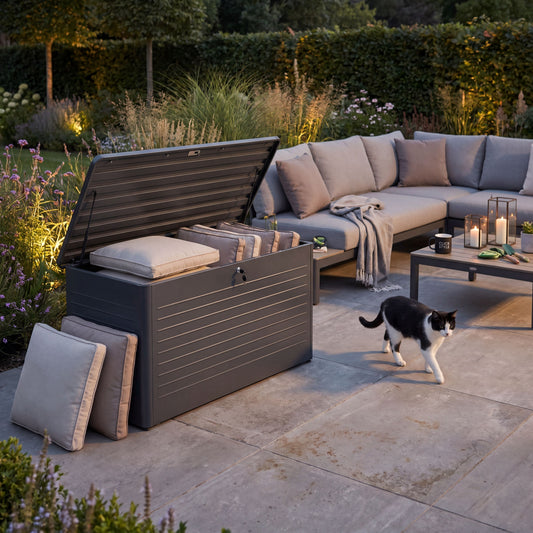 Large Anthracite Grey Galvanised Steel Outdoor Cushion Storage Box with Lockable Lid – Metal Garden Storage Chest 91x160x79cm – weatherproof powder-coated galvanised steel outdoor cushion storage box with gas pump-assisted soft-close lid, lockable garden storage for patio cushions, furniture covers and outdoor accessories, modern anthracite grey luxury garden storage chest for contemporary patios, landscaped gardens and premium outdoor living spaces | Click Style
