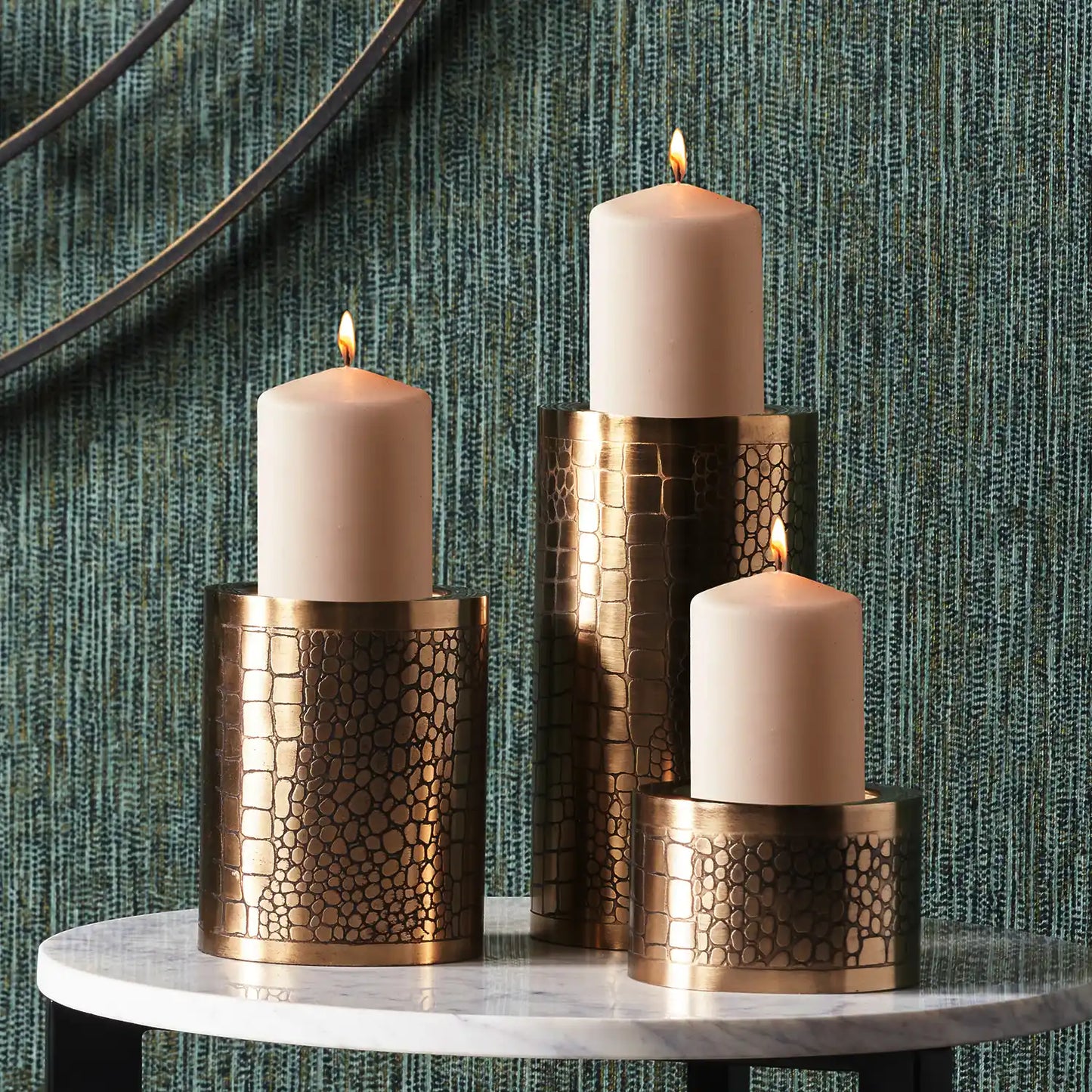 Antique Brass Crocodile Print Pillar Candle Holders Set of 3 – Click Style