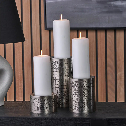 Antique Silver Crocodile Print Pillar Candle Holders Set of 3 – Click Style