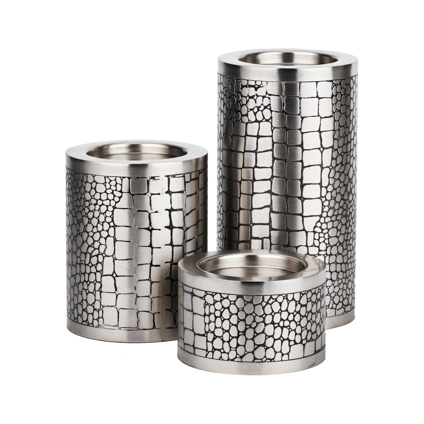 Antique Silver Crocodile Print Pillar Candle Holders Set of 3 – Click Style