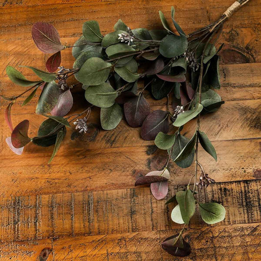 Artificial Green & Burgundy Gumdrop Eucalyptus Bunch of 3 stems – Click Style