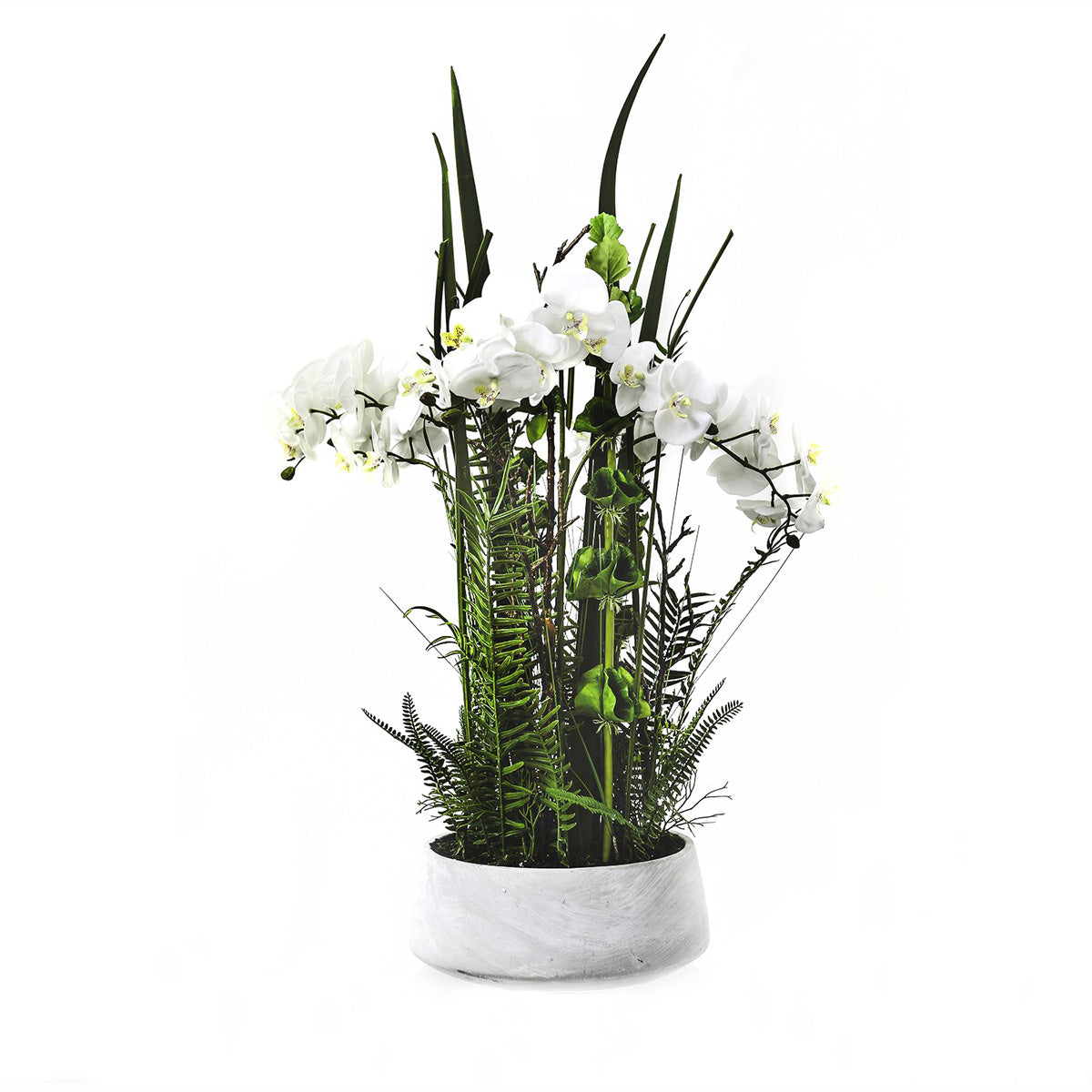 Artificial White Orchid & Fern Arrangement in Stone Pot 77x26cm