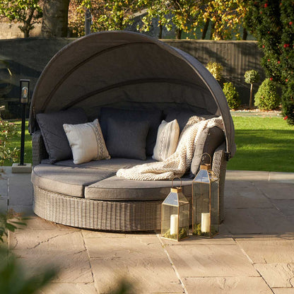 Avalonia Slate Grey Rattan Effect Round Garden Daybed with Canopy – Click Style